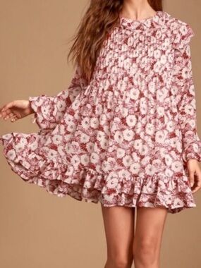 NWT Free People Babydoll Dress These Dreams Mini sheer Cream Red Size Small NEW